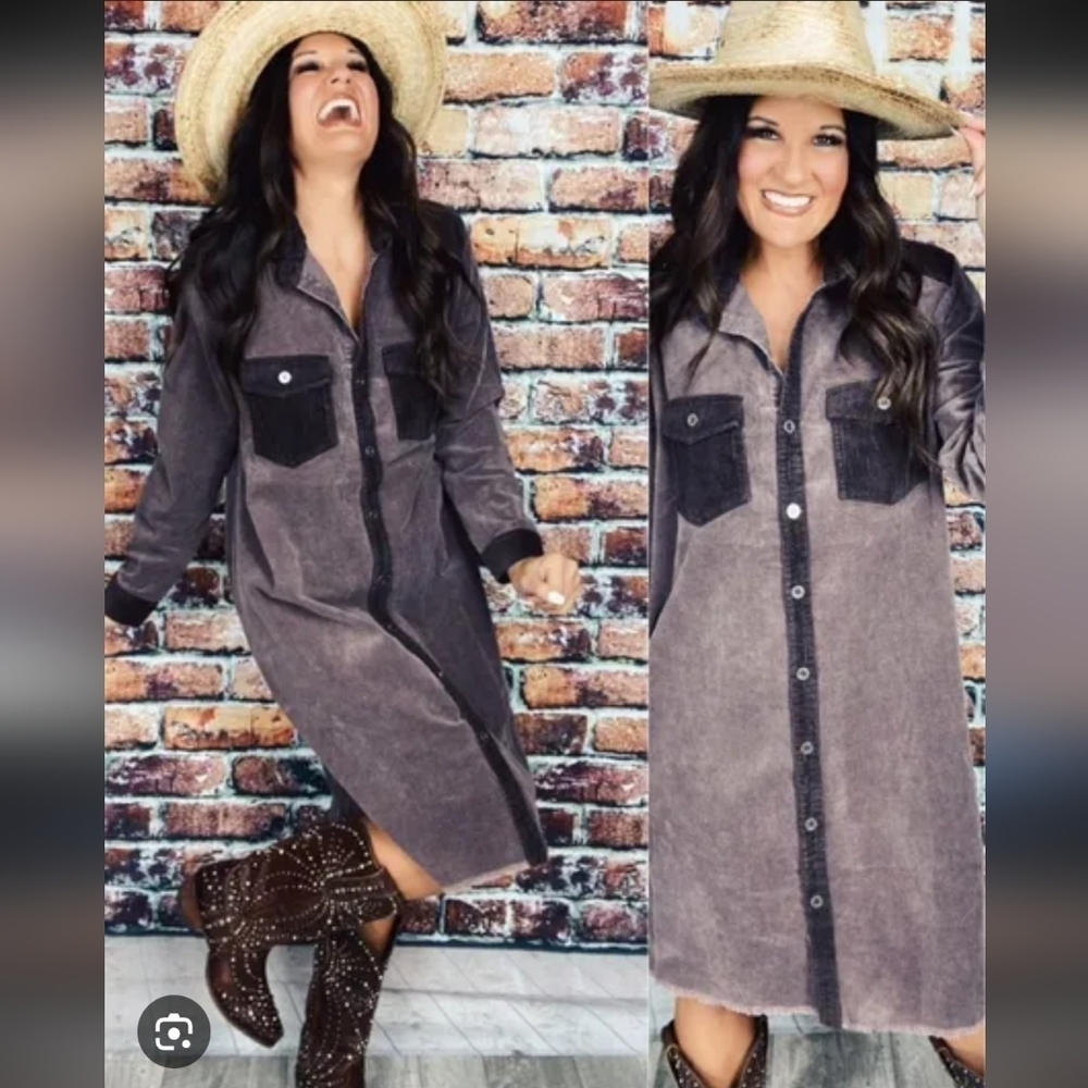 Umgee 100% Cotton Brown Long Sleeve Button-Up Dress/Shacket_S